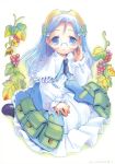  blue_eyes blue_hair food fruit grapes highres long_hair long_sleeves necktie otogi-jushi_akazukin pop shirayuki-hime solo vines 