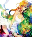  bare_shoulders blonde_hair collarbone dress dutch_angle flower long_hair lowres multicolored_hair octopus original sitting solo tentacles ut_(apt) white_dress 