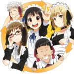  black_hair blonde_hair brown_eyes collar dress glasses grey_hair haribara_harue isohata_uki kon_futaba lacosoregashi long_hair maid maid_headdress short_hair smile soredemo_machi_wa_mawatteiru spiked_collar spikes tatsuno_toshiko vulcan_salute 