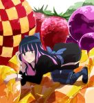  blue_eyes blue_hair bow dress food fruit hair_bow koke_(moromiso) long_hair panty_&amp;_stocking_with_garterbelt solo stocking_(character) stocking_(psg) striped striped_legwear striped_thighhighs thigh-highs thighhighs 