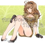  arm_support ass axis_powers_hetalia blush breasts brown_hair cleavage collar colored_eyelashes english frown genderswap gloves hairband high_heels itsukino large_breasts long_hair military military_uniform miniskirt no_bra panties pantyshot pantyshot_sitting shoes short_hair sitting skirt solo southern_italy_(hetalia) text underwear uniform wavy_hair yellow_eyes 