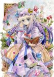  annoyed bespectacled blonde_hair blue_eyes book crescent crescent_moon curtains flower glasses gradient_hair hat highres long_hair long_sleeves moon multicolored_hair paper patchouli_knowledge purple_hair ribbon solo star sxbzero test_tube touhou traditional_media 