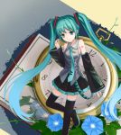  aqua_eyes aqua_hair bad_id bare_shoulders clock detached_sleeves flower hatsune_miku highres long_hair nail_polish necktie pocket_watch skirt smile solo standing_on_one_leg thighhighs tucana twintails very_long_hair vocaloid watch 