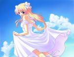  blonde_hair blue_eyes bow cloud clouds dress dress_lift hair_bow kajo kneepits looking_back quiz_magic_academy ribbon shalon sky white_dress 