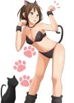  bare_shoulders bell bikini black_cat black_cat_(animal) blush boots brown_eyes brown_hair cat cat_ears cat_paw cat_pose cat_tail catgirl collar female jingle_bell open_mouth original paw_pose pinkwaters short_hair simple_background solo strapless strapless_bikini strapless_swimsuit sweat swimsuit tail wristband 