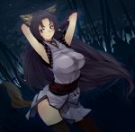 amayu animal_ears armpits arms_behind_head black_hair breasts eyeliner fishnet_legwear fishnet_stockings fishnets forest fox_demon fox_ears fox_tail gloves japanese_clothes large_breasts lipstick long_hair monster_collection nature night purple_eyes smile tail thigh-highs thighhighs very_long_hair violet_eyes 