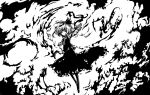  1girl acryl bad_id hair_ribbon monochrome outstretched_arms ribbon rumia short_hair solo spread_arms touhou 