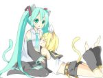  animal_ears aqua_hair belt cat_ears cat_tail closed_eyes detached_sleeves green_eyes hair_ornament hairclip hatsune_miku kagamine_rin long_hair lying midriff multiple_girls necktie nukochan open_mouth simple_background sitting skirt smile tail thigh-highs thighhighs twintails very_long_hair vocaloid 