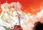  bow ex-keine fujiwara_no_mokou hair_bow hair_ribbon hand_kiss holding_hands horns kamishirasawa_keine kiss kodatino long_hair multiple_girls red_eyes ribbon silver_hair surprised touching touhou tree wind 