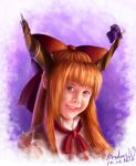  bow fangs grin hair_bow horn_ribbon horns ibuki_suika long_hair orange_eyes orange_hair pointy_ears realistic ribbon signature sleeveless smile suika_no9 torn_clothes touhou 