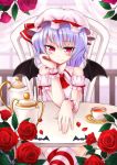  blue_hair chonbo_(artist) crossed_legs flower hat red_eyes red_rose remilia_scarlet rose short_hair sitting solo striped striped_legwear striped_thighhighs thigh-highs thighhighs touhou wings 