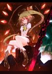  ahoge blonde_hair boots cross-laced_footwear flandre_scarlet glowing glowing_eyes glowing_wings knee_boots lace-up_boots letterboxed long_hair mondo nail_polish no_hat no_headwear red_eyes short_hair side_ponytail sitting smile solo touhou v_arms very_long_hair wings 