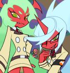  bad_id blue_hair demon_girl fang fastener fastener_(psg) glasses green_eyes green_hair horns kneesocks_(character) kneesocks_(psg) multiple_girls nei_chi neichii panty_&amp;_stocking_with_garterbelt ponytail red_skin scanty scanty_(psg) yellow_eyes 