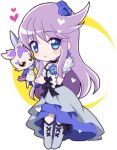  blue_rose blush boots chibi cologne_(heartcatch_precure!) cologne_(precure) crescent crescent_moon cure_moonlight flower hair_ornament heart heartcatch_precure! long_hair lowres magical_girl mochiya_marosuke precure purple_hair rose smile tsukikage tsukikage_yuri wristband 