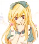  alice_(wonderland) am_(going_nowhere) blonde_hair hair_ribbon hand_to_mouth long_hair purple_eyes ribbon solo violet_eyes wristband 