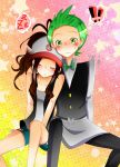  baseball_cap couple dent_(pokemon) green_hair gym_leader hat highres pokemon pokemon_(game) pokemon_black_and_white pokemon_bw sleeping tobari_(brokenxxx) touko_(pokemon) 