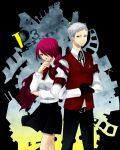  bandages breasts gloves grey_eyes grey_hair hair_over_one_eye kirijou_mitsuru long_hair persona persona_3 pleated_skirt red_hair redhead sakuya-t sanada_akihiko school_uniform skirt vest 