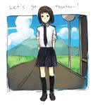  black_kneehighs brown_hair english kneehighs loafers necktie original school_uniform shoes short_hair sketch skirt smile solo weee_(raemz) 