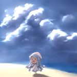  aaaa beach blue_hair chibi cloud clouds dress hat highres ikamusume long_hair mini-ikamusume ocean open_mouth shinryaku!_ikamusume smile solo tentacle_hair 