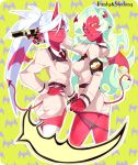  bad_id blue_hair demon_girl demon_wings fang glasses gun horns kamitoenpitu kneesocks_(character) kneesocks_(psg) long_hair multiple_girls panty_&amp;_stocking_with_garterbelt ponytail red_skin scanty scanty_(psg) tail thigh-highs thighhighs weapon white_hair wings yellow_eyes zettai_ryouiki 