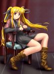  boots chair diesel-turbo fate_testarossa k-on! legs long_hair lyrical_nanoha mahou_shoujo_lyrical_nanoha mahou_shoujo_lyrical_nanoha_strikers red_eyes sitting twintails 