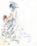  ayanami_rei blue_hair bride detached_sleeves dress flower neon_genesis_evangelion red_eyes ribbon short_hair smile veil wedding wedding_dress 