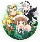  brown_hair closed_eyes dress drill_hair green_eyes green_hair hair_ornament hairband heterochromia kanaria long_hair mtyy multiple_girls parody red_eyes rozen_maiden seiyuu_connection shinryaku!_ikamusume style_parody suigintou suiseiseki tanaka_rie white_hair wings 