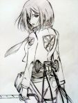  jacket mikasa_ackerman monochrome peshe scarf shingeki_no_kyojin short_hair sword weapon 