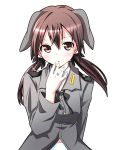  blush brown_eyes brown_hair ears_down gertrud_barkhorn hajime_(kinyou_club) hands long_hair military military_uniform simple_background solo strike_witches twintails uniform 