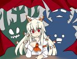  caved fujiwara_no_mokou hair_bow horns kamishirasawa_keine morichika_rinnosuke red_eyes sag sag_(karehabase) sharp_teeth silhouette tokiko_(touhou) touhou white_hair 