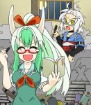  bespectacled book caved dress ex-keine glasses green_hair horns kamishirasawa_keine morichika_rinnosuke multicolored_hair pen ponytail sag sag_(karehabase) scroll silver_hair touhou yellow_eyes 