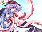  blue_hair food fruit hat highres hinanawi_tenshi hiyori-o lavender_hair long_hair multiple_girls nagae_iku peach red_eyes shawl short_hair touhou wallpaper 