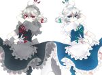  blue_eyes braid dual_persona izayoi_sakuya knife maid maid_headdress multiple_girls neko-san_(artist) neko-san_(dim.dream) red_eyes short_hair silver_hair throwing_knife touhou twin_braids weapon 