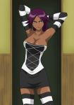  arms_behind_head artist_request bare_shoulders bleach breasts cleavage dark_skin detached_sleeves dress elbow_gloves gloves highres purple_hair seductive_smile shihouin_yoruichi striped thigh-highs thighhighs yellow_eyes zettai_ryouiki 