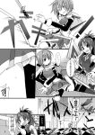  bow cape comic funmatu hair_bow long_hair magical_girl mahou_shoujo_madoka_magica miki_sayaka monochrome multiple_girls polearm ponytail sakura_kyouko short_hair spoilers sword thighhighs translated translation_request weapon 