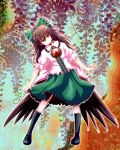  black_hair black_legwear black_socks bow footwear hair_bow head_tilt leaf long_hair low_wings lower_back_wings outstretched_arms red_eyes reiuji_utsuho skirt skirt_lift socks solo standing tori_rui touhou wings 