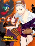  1boy 1girl alternate_costume animal_ears atlus bandage bandages brown_hair cat_ears cat_whiskers corset couple einfach female_protagonist_(persona_3) halloween happy_halloween hat jack_frost megami_tensei moe panties persona persona_3 persona_3_portable pyro_jack red_eyes sanada_akihiko shiomi_kotone smile thighhighs underwear witch_hat 