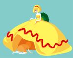 blonde_hair copyright_request crawling dress dress_lift food_as_clothes food_themed_clothes hairband nona_drops omelet personification red_eyes short_hair smile yellow_dress 