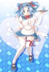  alternate_hairstyle blue_eyes blue_hair clenched_hand fist glass hairband heart kumoi_ichirin legs mary_janes naka_akira panties shoes solo thigh-highs thighhighs touhou tray twintails underwear waitress white_legwear white_thighhighs 