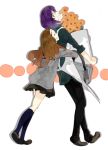  blue_eyes brown_hair carrying closed_eyes eyes_closed flower glasses gundam gundam_00 headband hug hug_from_behind kneehighs looking_back mileina_vashti open_mouth purple_hair satchel seki_(kaguudou) sleeves_rolled_up smile tieria_erde 