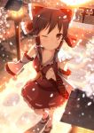  1girl blush bow brown_eyes brown_hair cherry_blossoms detached_sleeves hair_bow hair_tubes hakurei_reimu nagomi_no_ame payot petals sandals skirt skirt_set solo standing touhou wink 