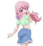  bare_shoulders crop_top denim_skirt highres himeji_mizuki long_hair looking_back midriff pink_hair purple_eyes vector_trace 