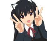  :d a1 animal_ears black_hair blazer brown_eyes bust cat_ears double_v k-on! long_hair nakano_azusa open_mouth school_uniform simple_background smile solo twintails v 