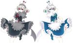  blue_eyes braid dual_persona highres izayoi_sakuya knife maid maid_headdress mirror_opposites multiple_girls neko-san_(artist) neko-san_(dim.dream) red_eyes short_hair silver_hair throwing_knife touhou twin_braids weapon 