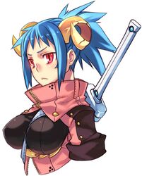  blue_hair breasts cleavage horns original red_eyes rumie solo sword weapon 