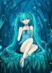  aqua_eyes aqua_hair bad_id barefoot choker fanany grass hand_on_chest hand_on_own_chest hand_to_chest hatsune_miku highres legs long_hair musical_note night sitting skirt smile solo twintails very_long_hair vocaloid 