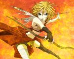  action alternate_hairstyle bandage bandages blonde_hair blue_eyes bow bow_(weapon) female fingerless_gloves gloves kagamine_rin midriff mouth_hold naoto navel short_hair solo thighhighs vocaloid weapon 