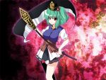  breasts fal_(falketto) falketto fusion green_hair hair_bobbles hair_ornament huge_weapon if_they_mated impossible_clothes impossible_clothing impossible_shirt large_breasts onozuka_komachi red_eyes rod_of_remorse scythe shikieiki_yamaxanadu shirt short_hair solo touhou twintails weapon 
