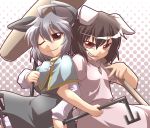  animal_ears brown_eyes brown_hair bunny_ears capelet carrot crossed_arms dowsing_rod dowsing_rods grey_hair grin hammer inaba_tewi jewelry mouse_ears multiple_girls nazrin necklace pendant rabbit_ears red_eyes short_hair smile teeth touhou wink yoshi_tama 