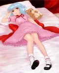  aturou0129 bad_id blue_hair highres laying_down lying mary_janes on_back red_eyes remilia_scarlet ribbon shoe_dangle shoes short_hair solo stuffed_animal stuffed_toy teddy_bear touhou 
